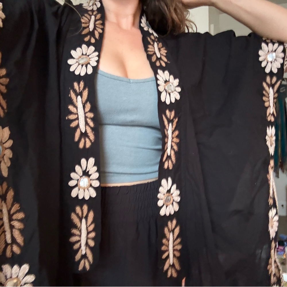 Black Kimono with Gold and White Floral Embroidery